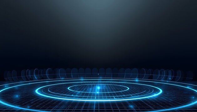 Futuristic digital radar interface background featuring glowing neon blue circular scanning waves and abstract data grid patterns for high tech presentation design