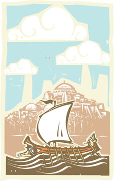Woodcut style image of a Greek Galley in front of Constantinople 