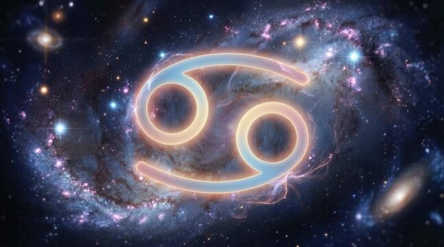Cancer zodiac sign glowing in deep space galaxy. Astrological symbol of crab floating among bright colorful stars. Celestial concept for horoscope and astrology.