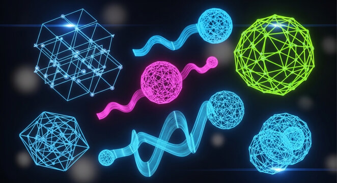 Abstract Geometric Shapes with Glowing Lines and Spheres on Dark Background.