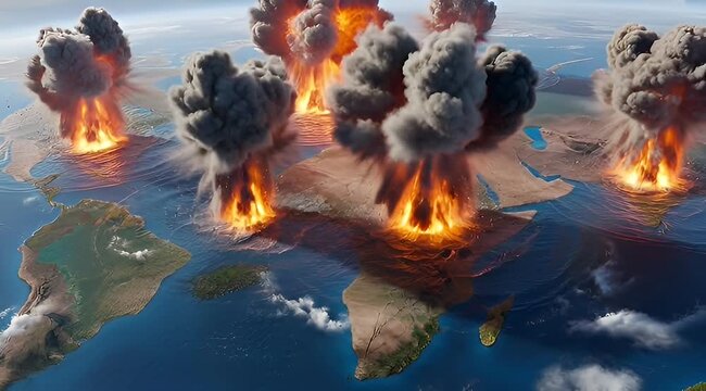 Apocalyptic explosions erupting globally, simulating a catastrophic world event