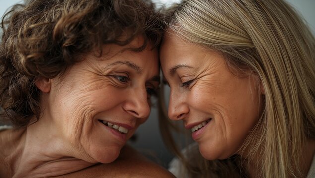 Leaning two adult women touching foreheads and smiling softly on bed, with soft bedding and pillows