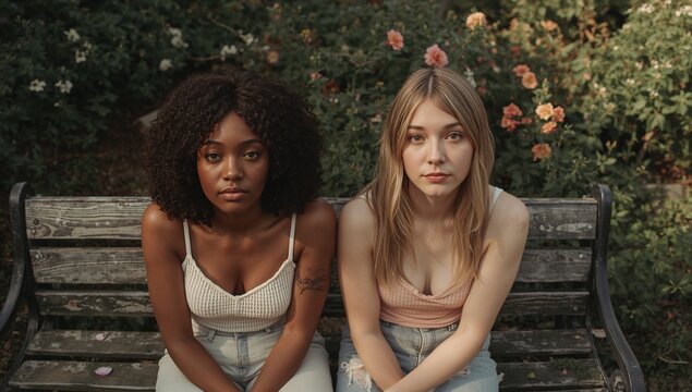 Sitting two friends wearing tank tops and jeans on weathered park bench, showing tattoo and petals