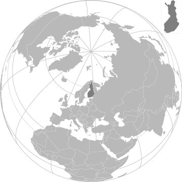 World vector map with country boundaries and graticules (Finland-centered view, orthographic projection, PPT-compatible & fully editable)