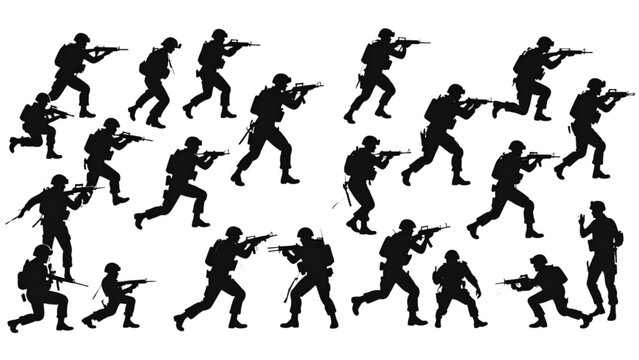 Black soldier silhouettes in tactical combat poses with rifles and gear, military vector illustration representing battlefield readiness and defense