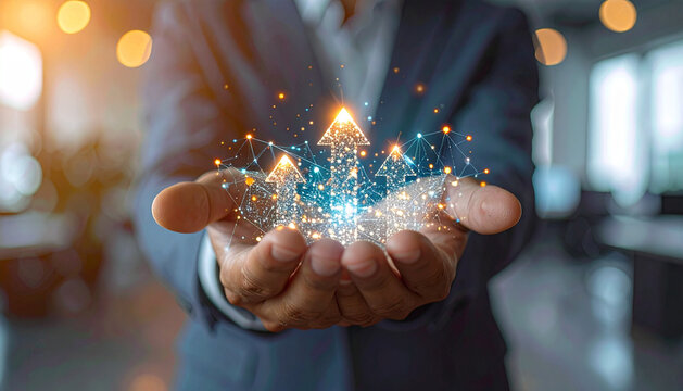 Hand presenting three upward moving glowing holographic arrows with light trails symbolizing rapid business growth investment success market performance and financial progress