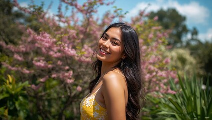 Fototapeta premium Smiling Asian woman standing in sunny garden, wearing yellow floral sundress and hoop earrings