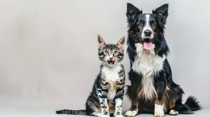 Obraz na płótnie Canvas Isolated dog and cat sitting calmly next to each other on a clean neutral background, showing peaceful friendship and harmony between domestic pets with gentle and friendly animal behavior.