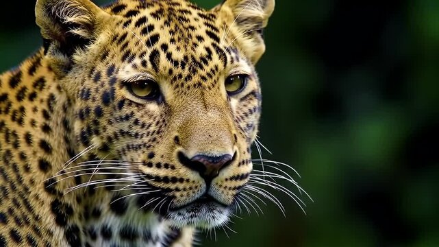 A Close-Up Portrait of a Leopard's Face with Golden Fur and Intense Amber Eyes Amid Lush Greenery
