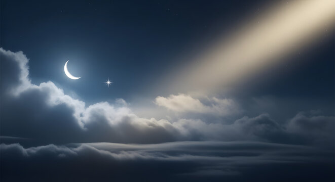A serene nighttime scene with a crescent moon shining through clouds and a beam of light EID MUBARAK 