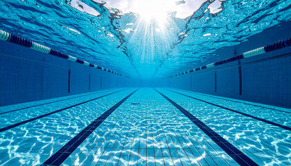 Obraz premium Underwater view of a professional swimming pool with lane dividers and sunlight reflecting on the surface with bright sun rays piercing through the clear blue water ripples