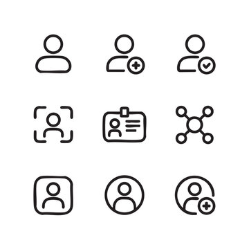 A collection of nine simple line icons depicting various people and network concepts arranged in three rows on a white background