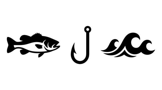 Fishing Symbols Fish, Hook, and Waves for Outdoor Recreation
