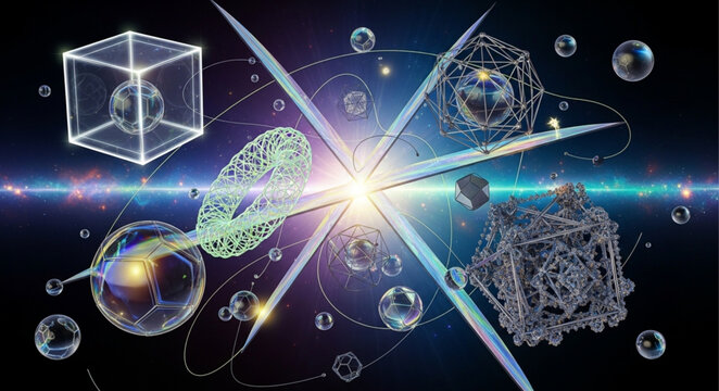 Abstract Quantum Realm - Interconnected Geometric Shapes and Energy.
