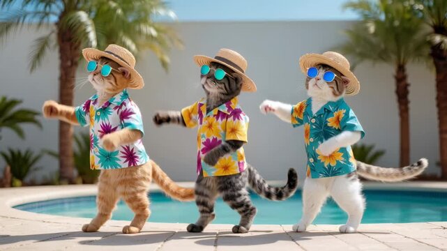 Three cats wearing sunglasses, straw hats and colorful shirts stand and dance near pool with palm trees, bright sunlight and playful humorous summer party concept