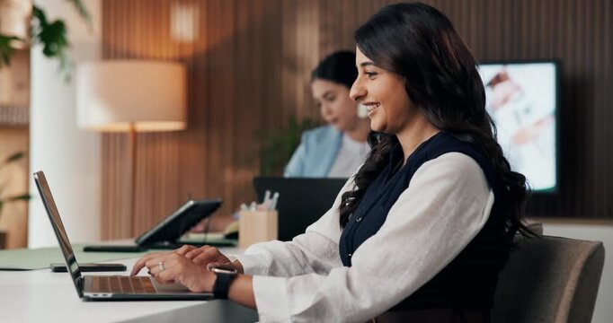 Business, woman and typing on laptop in office for writing news article, publication or coworking. Staff, happy journalist and tech at publishing agency for submission draft, editor feedback or email