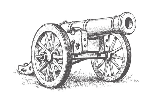 Black and white etching of a vintage field cannon with wooden wheels artillery military