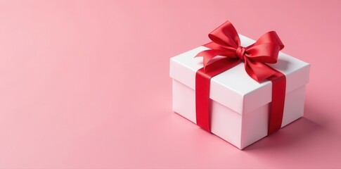 Fototapeta premium Elegant white gift box with red ribbon bow on pink background, Valentine's Day concept , detail, background