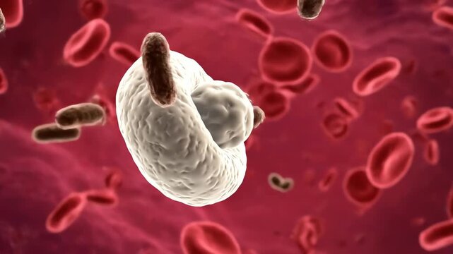Microscopic view of a white blood cell engulfing bacteria surrounded by red blood cells in the bloodstream