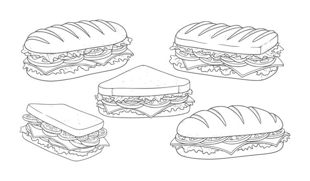 Black and white line of various layered sandwiches different bread types baguette