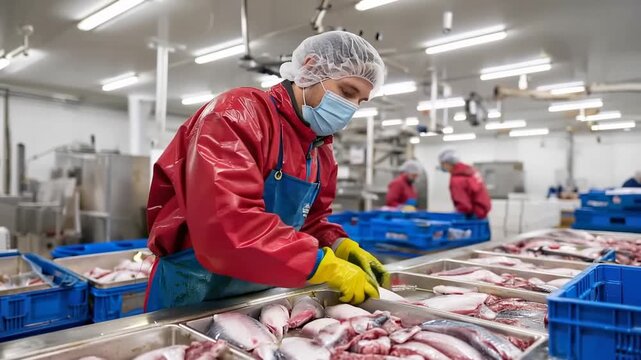 Worker sorting fresh fish at seafood factory wearing protective gear in food processing plant
