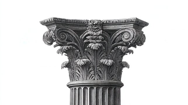 Ancient corinthian column capital with ornate classical architecture detail engraving sketch illustration