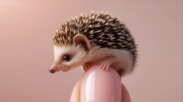 Tiny baby hedgehog sitting on a fingernail, cute pygmy hedgehog looking at camera, close-up of small exotic pet with pink background.