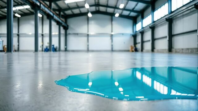 Bright electric cyan liquid spilled on a glossy concrete floor inside an empty industrial warehouse. Dripping chemical hazard and toxic pollution concept