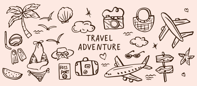 Travel and adventure doodle map set, hand drawn vacation exploration icons, world travel sketches collection, suitcase and airplane vector graphics, adventure travel elements for design, wanderlust li