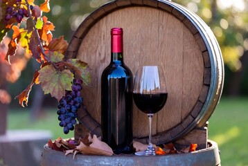 Naklejka premium A bottle of red wine is presented with a glass, alongside grapes and autumn leaves on a wooden barrel. It’s a vineyard scene.