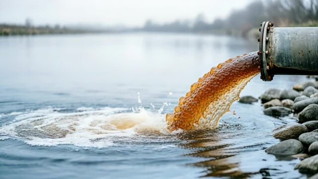 Rusty brown industrial effluent gushing from a large metal pipe into a river. Dirty wastewater creating a foamy splash. Water pollution concept