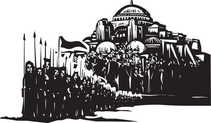 Obraz premium Woodcut expressionist style image of a byzantine church with an Army emerging from it.