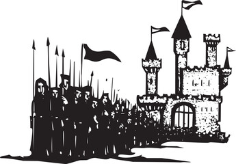 Obraz premium Woodcut expressionist style image of a castle with an Army emerging from it.