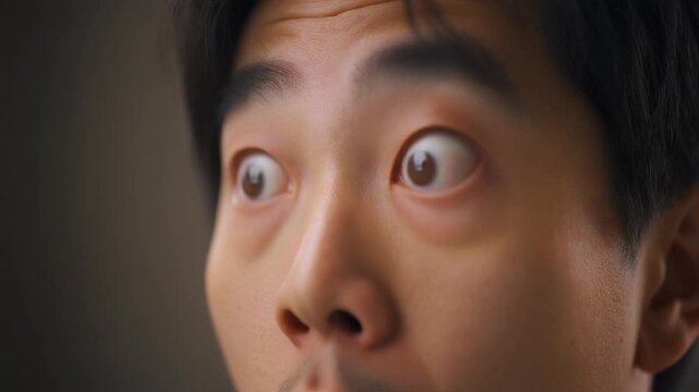 驚いて顔を上げる人物の自然なリアクションのクローズアップ