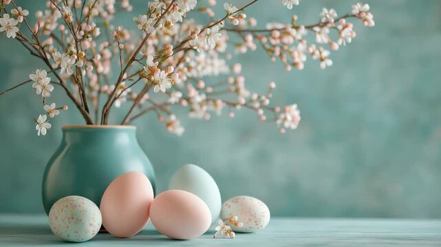 Soft pastel eggs arranged near ceramic vase with blooming branches on light background, elegant spring still life with copy space, Easter holiday decoration concept