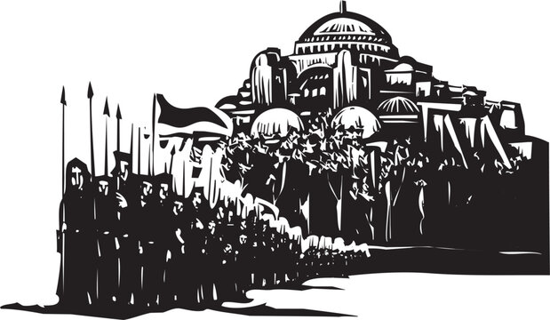 Woodcut expressionist style image of a byzantine church with an Army emerging from it.