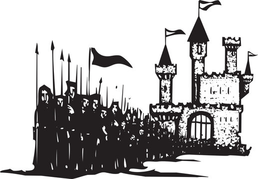 Woodcut expressionist style image of a castle with an Army emerging from it.