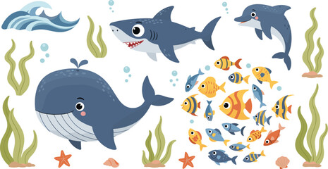 Fototapeta premium Cute Cartoon Ocean Animals Including Whale, Shark, Dolphin, Fish, Starfish, and Coral with Underwater Plants and Waves