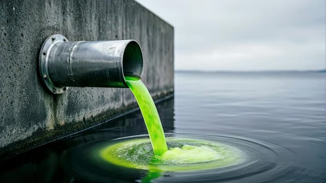 Neon green toxic liquid pouring from an industrial metal pipe into dark water. Chemical waste discharge and severe environmental pollution