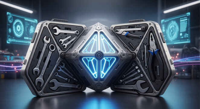 Futuristic Tool Box with Blue Energy Core and Tools.