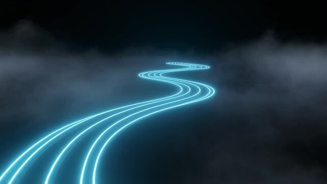 暗い霧の空間を緩やかにカーブして進む光の道筋