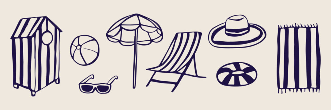 Beach chair and umbrella doodle set, hand drawn summer vacation travel icons, tropical holiday sketches collection, seaside leisure elements for design, minimalist summer holiday vector graphics, beac
