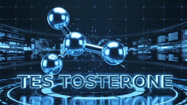 Digital visualization of a testosterone molecule in a futuristic scientific environment, representing hormone research and medical advancements