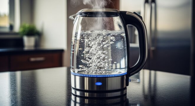 A glass kettle on a counter, boiling water with steam rising