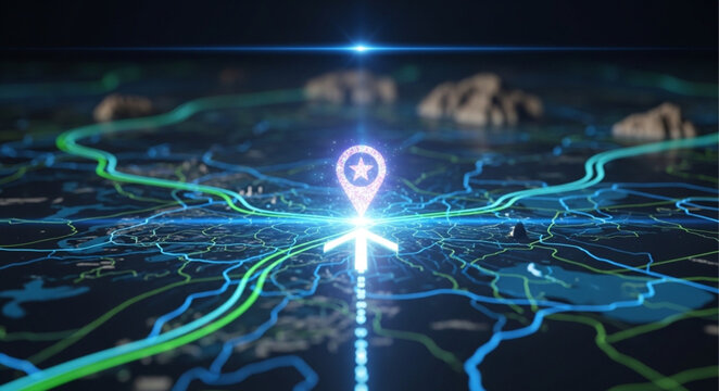 Futuristic Navigation System with Glowing Location Marker and Roads.