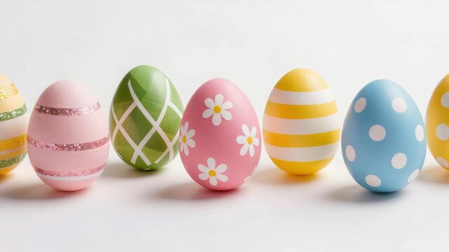 Bright Easter eggs arranged in a neat row featuring pastel colors, stripes, dots, and floral designs on a clean white background, symbolizing spring and holiday joy