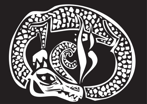 Woodcut style image of a Sleeping Dragon