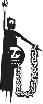 Woodcut style pregnant woman chained to a skull in her belly
