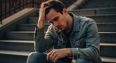 Obraz premium A man sits on stairs, hand on head, looking downcast and troubled