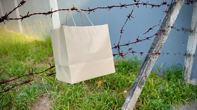 Paper bag hanging on  barbwire fence,sign and symbol of reducing resource,